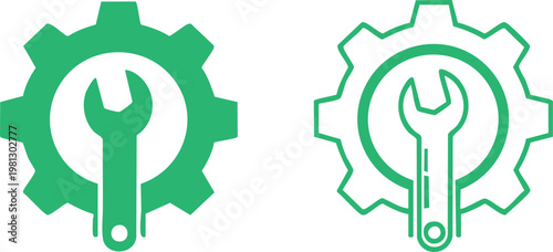 Two green gears with wrenches inside, mechanical concept tools