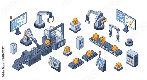 A complex isometric automated production line utilizes conveyor belts and robotic arms to move orange packages through a modern high-tech factory setting.