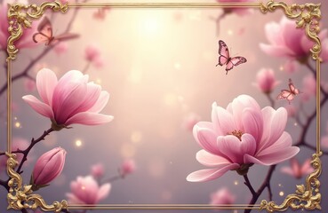 Pink magnolia flowers and butterflies adorn golden ornate frame. Soft pastel colors and gentle bokeh effect create serene, whimsical atmosphere. Delicate petals bloom on branches under warm sunlight.