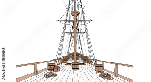 A symmetrical perspective from the wooden deck of a historic tall ship looks forward at the towering main mast and intricate rope rigging in high detail.