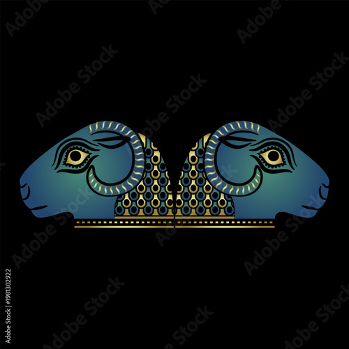 Symmetrical ornament or frame with two heads of ram or sheep. Antique animal design. Blue and gold pattern on black background.