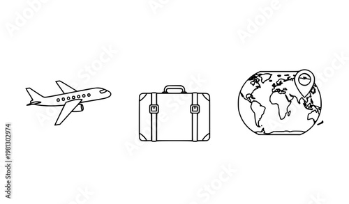 Minimal travel icons black and white vector set with tourism symbols