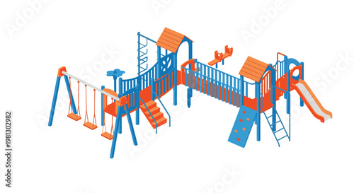 Vibrant isometric playground structure with orange roofs and blue supports includes various slides and swings under bright studio lighting on a white background.
