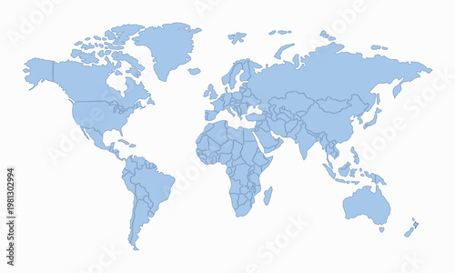 Clean Blue World Map Silhouette with Geographic Borders Isolated on White for Modern Business and Tech Concepts