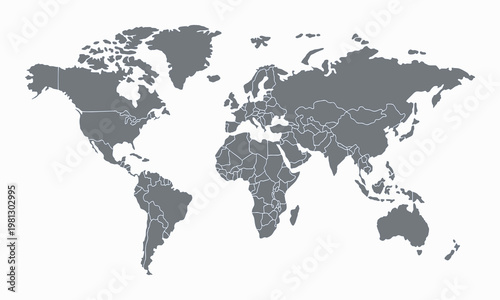Professional Gray World Map Silhouette with Detailed Country Borders Isolated on White for Global Logistics and Editorial Design