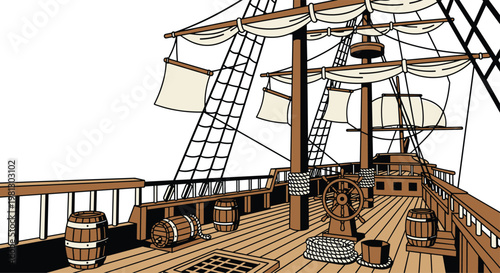 A detailed angled view of a wooden ship deck showcases several storage barrels and a classic steering wheel beneath the complex rigging and furled sails.