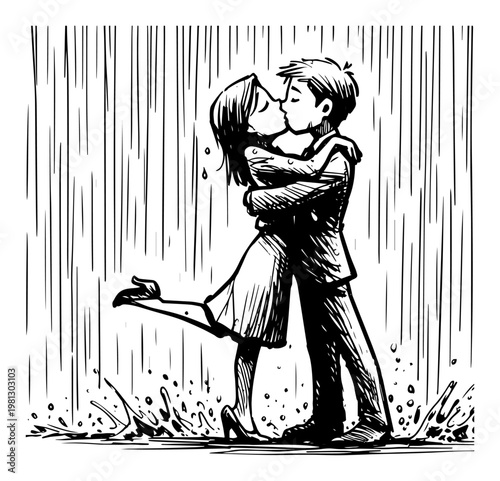 Romantic couple kissing in the rain hand drawn line art vector illustration for valentines day