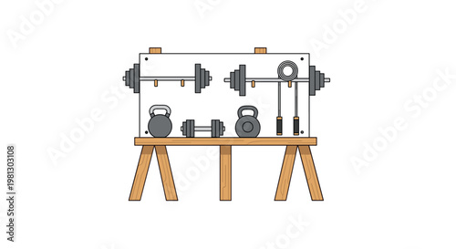 A minimalist home gym setup features various gray barbells and kettlebells neatly arranged on a sturdy wooden sawhorse stand against a pristine background.