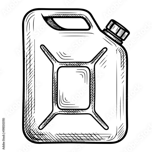 Fuel jerrycan canister for gasoline or oil hand drawn engraving style vector for industrial design
