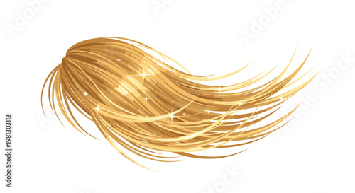 A flowing lock of lustrous golden blonde hair curves gracefully across a white background with bright white star-shaped glints and warm amber highlights.