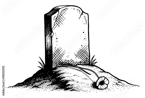 Old tombstone gravestone on a hill with a single flower hand drawn engraving style for memorial