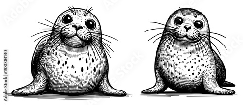 Cute seal pups characters set hand drawn engraving style for wildlife conservation or marine logo