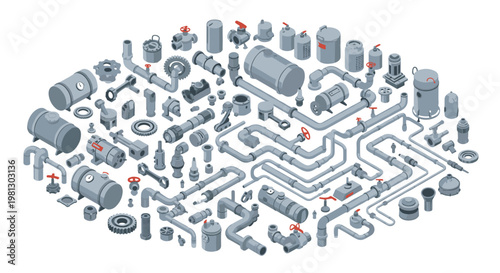 A complex isometric network of industrial gray pipes and storage tanks features vibrant red valves scattered throughout the intricate plumbing system layout.