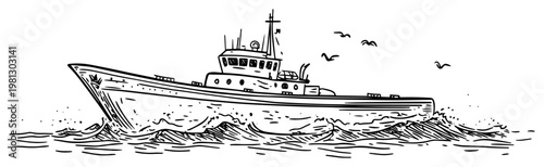 Fishing boat sailing on wavy sea hand drawn engraving style maritime vector illustration