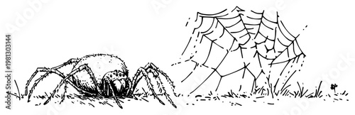 Spider and spider web in the grass hand drawn engraving style vector illustration for nature
