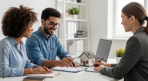 Diverse couple consults with real estate agent about home purchase.