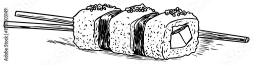 Sushi rolls set with chopsticks japanese food hand drawn engraving style for restaurant menu
