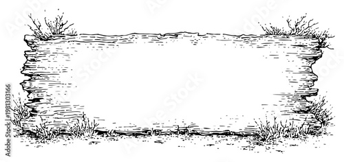 Rustic wooden sign board in grass field hand drawn engraving style blank banner for message