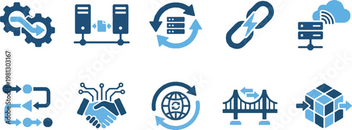 A collection of blue and grey icons representing various aspects of technology and communication