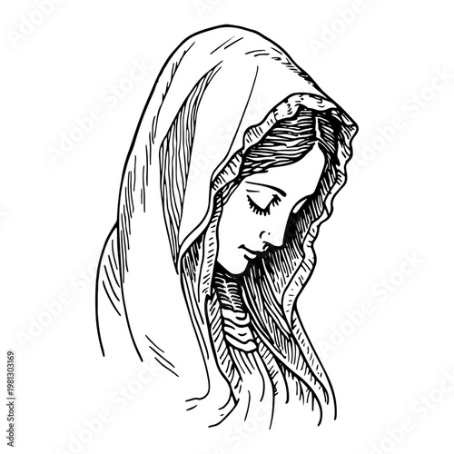 Virgin Mary portrait hand drawn engraving style blessed mother madonna religious illustration