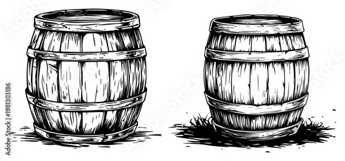 Wooden barrels set for wine or whiskey storage hand drawn engraving style for brewery logo