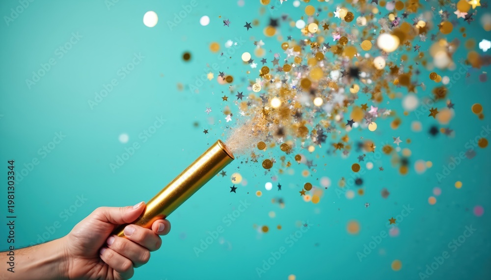 Fototapeta premium Hand holds gold confetti cannon. Colorful star and circle glitter explodes upwards creating festive atmosphere. Bright background adds joy to party.
