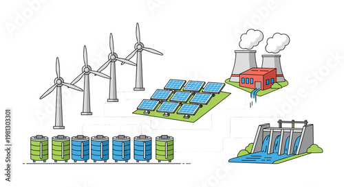 A comprehensive flat illustration showcases diverse energy production methods including wind turbines, solar panels, a nuclear power plant, and a hydroelectric dam.
