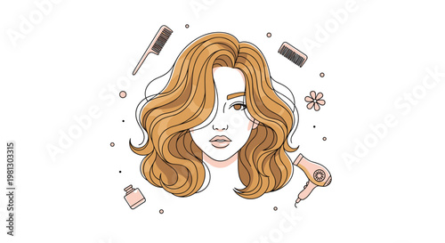 A detailed cartoon portrait of a beautiful woman with layered brown hair is framed by floating professional salon items and decorative pastel circles on a white background.