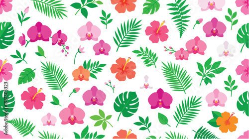 Vibrant tropical floral pattern with lush green leaves and exotic orchid and hibiscus flowers in bright colors