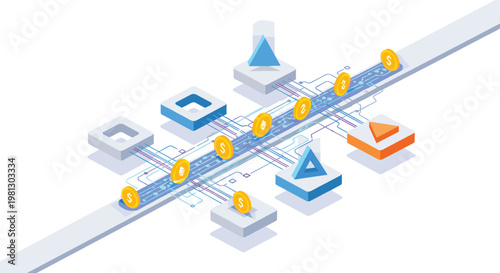 A long blue digital pathway carries shimmering golden dollar coins past various geometric shapes and elevated platforms in a clean isometric technological environment.