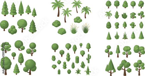 Set of Isometric Trees, Plants, and Forest Elements for Nature, Landscape, and Environment Design Themes