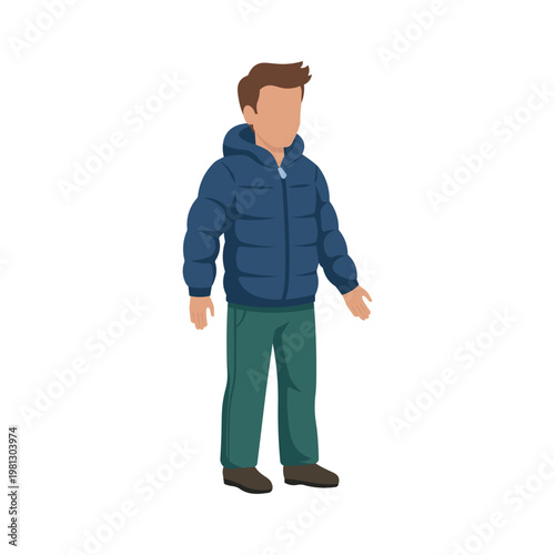 Man in Winter Clothing Illustration, Blue Puffer Jacket and Green Pants