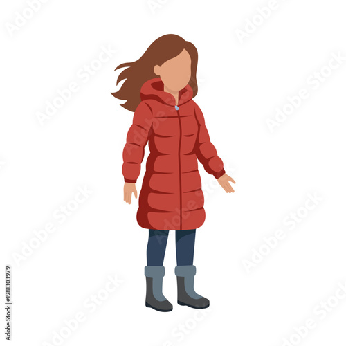 Woman in Red Long Puffer Jacket and Winter Boots Illustration