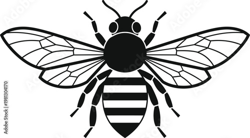 Bee insect silhouette vector with detailed wings striped body and flying pollinator icon black illustration design