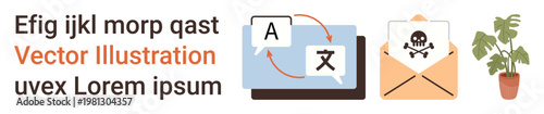 Language services, cybersecurity, online communication, data protection, translation tools, and malware threats. Translation icon, email with skull alert and plant image. Focus on language services