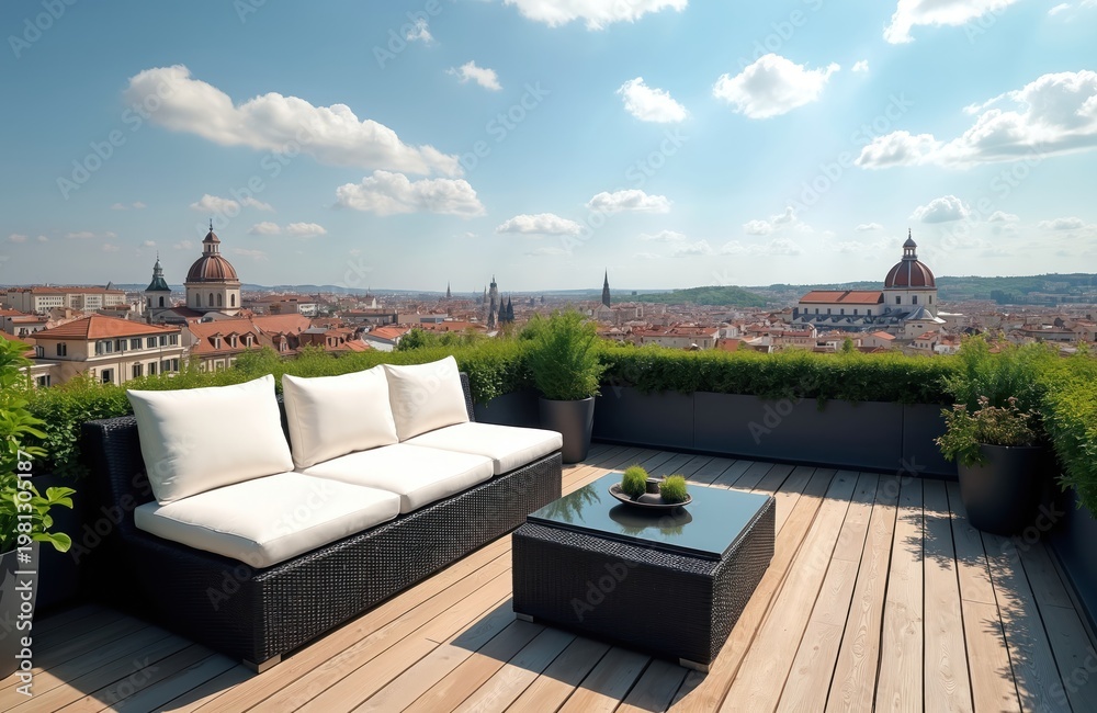 Obraz premium Rooftop terrace furniture offers scenic city views. Outdoor seating area overlooks historic architecture and domes under bright sky. Relaxing urban retreat provides peaceful ambiance.