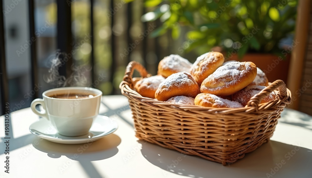 Obraz premium Wicker basket holds sweet powdered pastries. White cup with hot coffee sits nearby on table. Sunny balcony offers outdoor cafe ambiance for cozy morning meal.