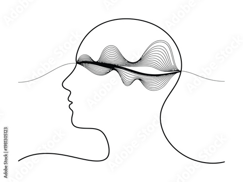 Minimalist line drawing of human head with wavy patterns replacing eyes  profile view