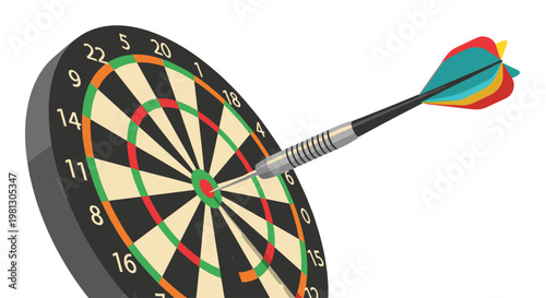 A detailed professional dartboard features a colorful flighted dart landing perfectly in the central bullseye area under bright studio conditions.