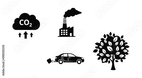 Environmental impact icons depicting pollution and nature a striking silhouette