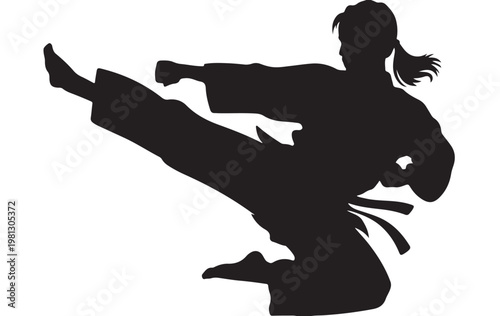Karate Woman Silhouette High Kick Isolated on White for Martial Arts, Fitness and Self Defense Design