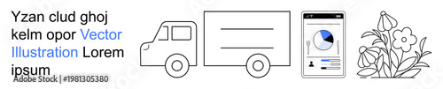 Logistics, digital data, business analytics, mobile technology, botany, communication. Outline of a truck, smartphone showing data and floral design. Logistics and digital data