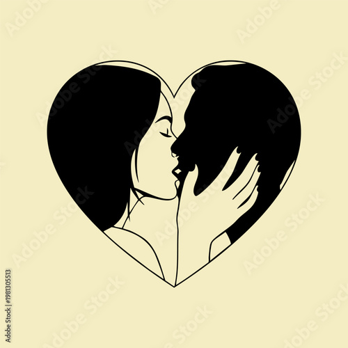 Stylized heart shape silhouette featuring profiles of man and woman kissing in minimalist line art style symbolizing deep love and romantic devotion