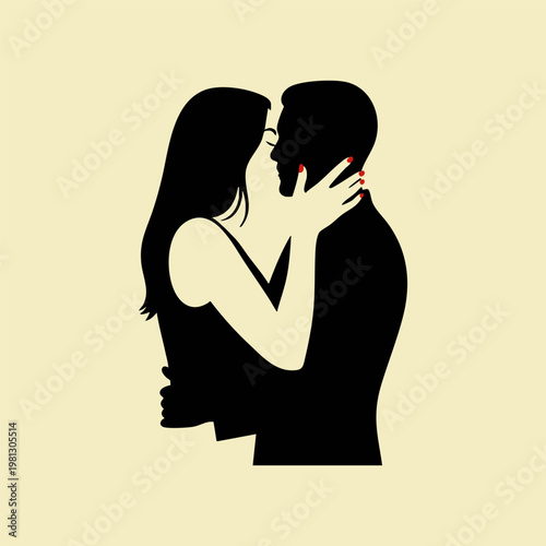 Graphic silhouette of romantic couple in intimate embrace with woman holding mans face against cream background illustrating affection and closeness