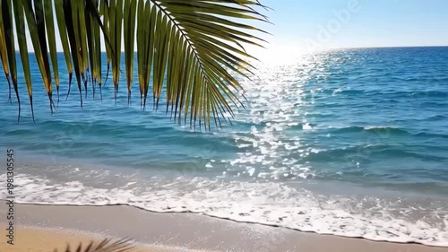 Palm tree leaves over a beach with ocean waves