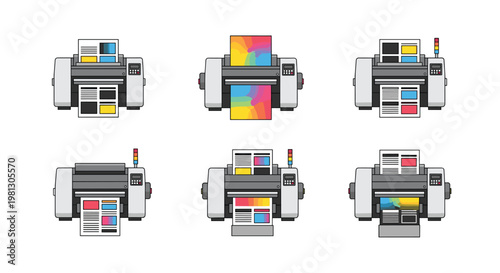 Six modern desktop printers are arranged in two rows, each actively printing various colorful documents and vibrant gradient test sheets on white.