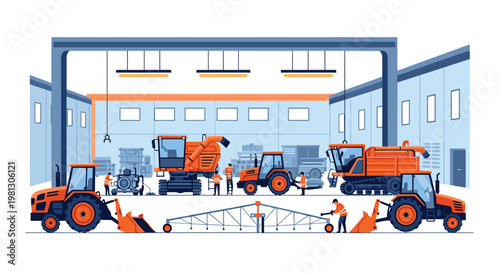 A spacious industrial hangar is filled with various orange agricultural harvesters and tractors while several workers in safety gear perform essential maintenance tasks.