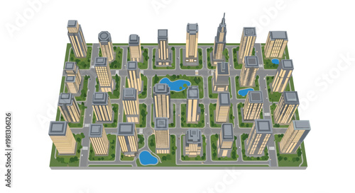 A vast isometric urban city grid features numerous tall beige skyscrapers separated by grey roads and lush green parks containing small blue ponds.