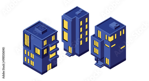 Three modern apartment buildings rendered in deep blue tones feature glowing yellow windows that create a warm nocturnal atmosphere against a white background.