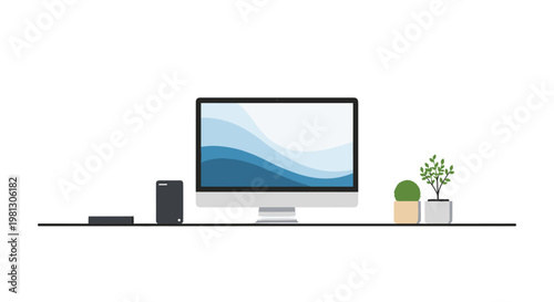 A sleek computer monitor displaying a blue wave wallpaper sits on a minimalist black desk line alongside two small potted green plants in a bright white room.